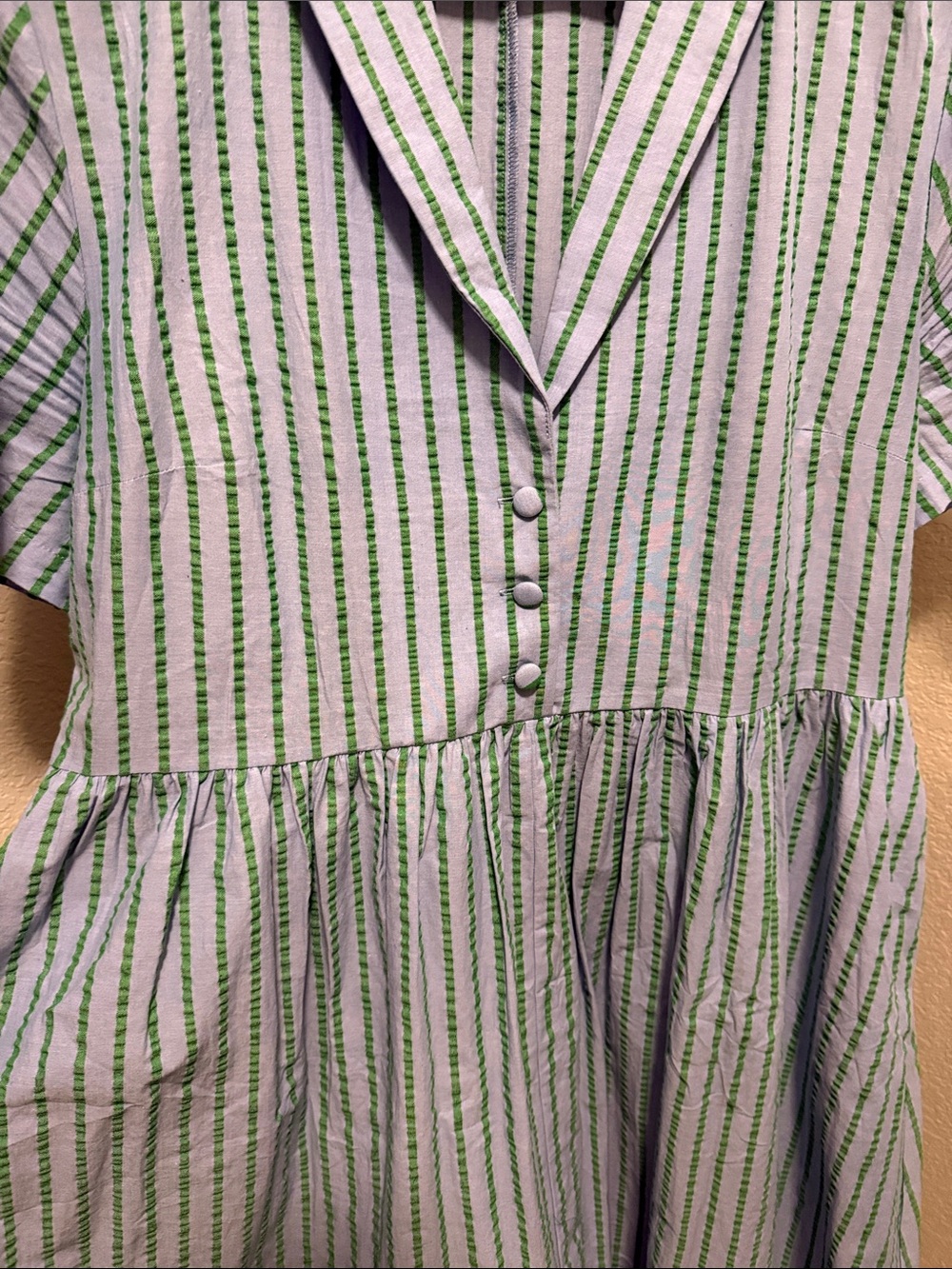 Striped Blue and Green Short-Sleeve Shirt Dress - Picture 7 of 7